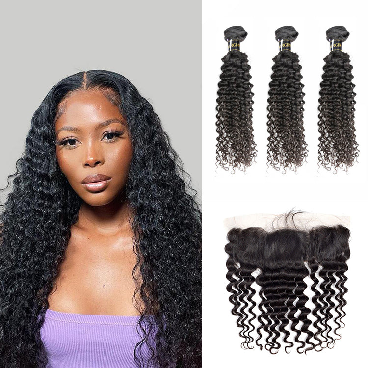 *Deep Wave*Mink Virgin Hair Bundles With 13x4 Frontal