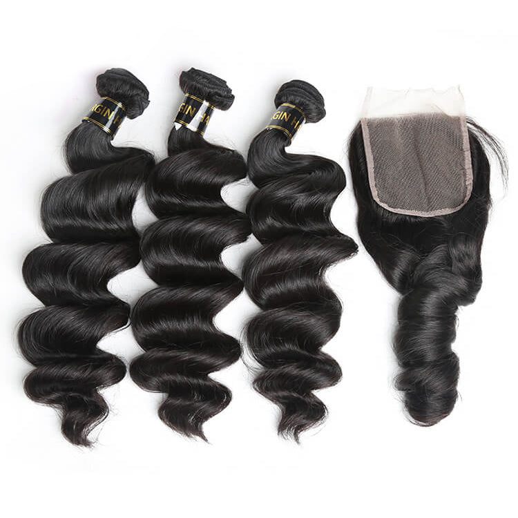 3 PCS Loose Wave Virgin Hair Bundles With 4x4 Closure