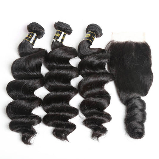 3 PCS Loose Wave Virgin Hair Bundles With 4x4 Closure