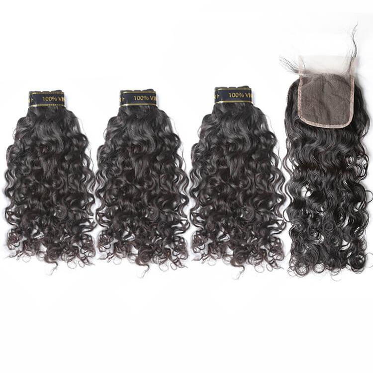 3 PCS Water Wave Virgin Hair Bundles With 4x4 Closure