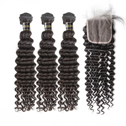 3 PCS Deep Wave Virgin Hair Bundles With 4x4 Closure